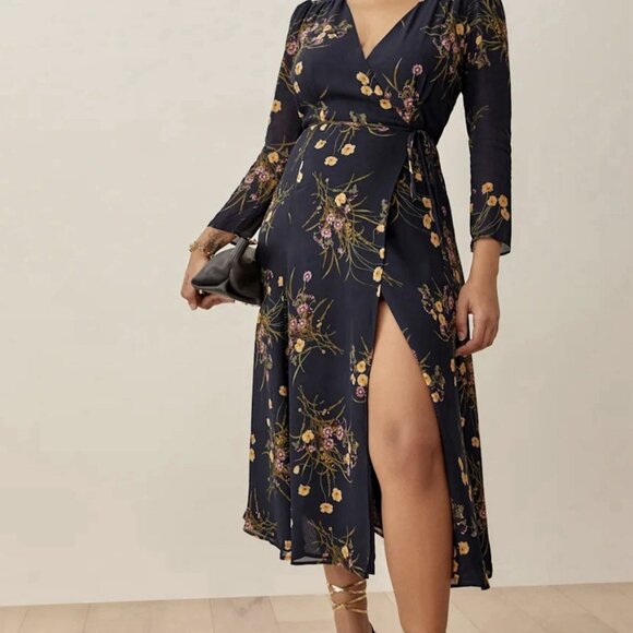 Reformation Navy Melba Wrap Dress Navy Floral Puff Sleeves XS - Picture 1 of 13